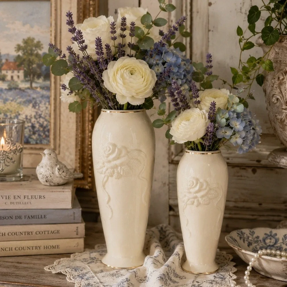 Vintage Lenox Ivory Rose Vases Pair Gold Trim French Country Decor